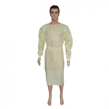 SMS Non Woven Disposable Isolation Gown Yellow Knit Cuff